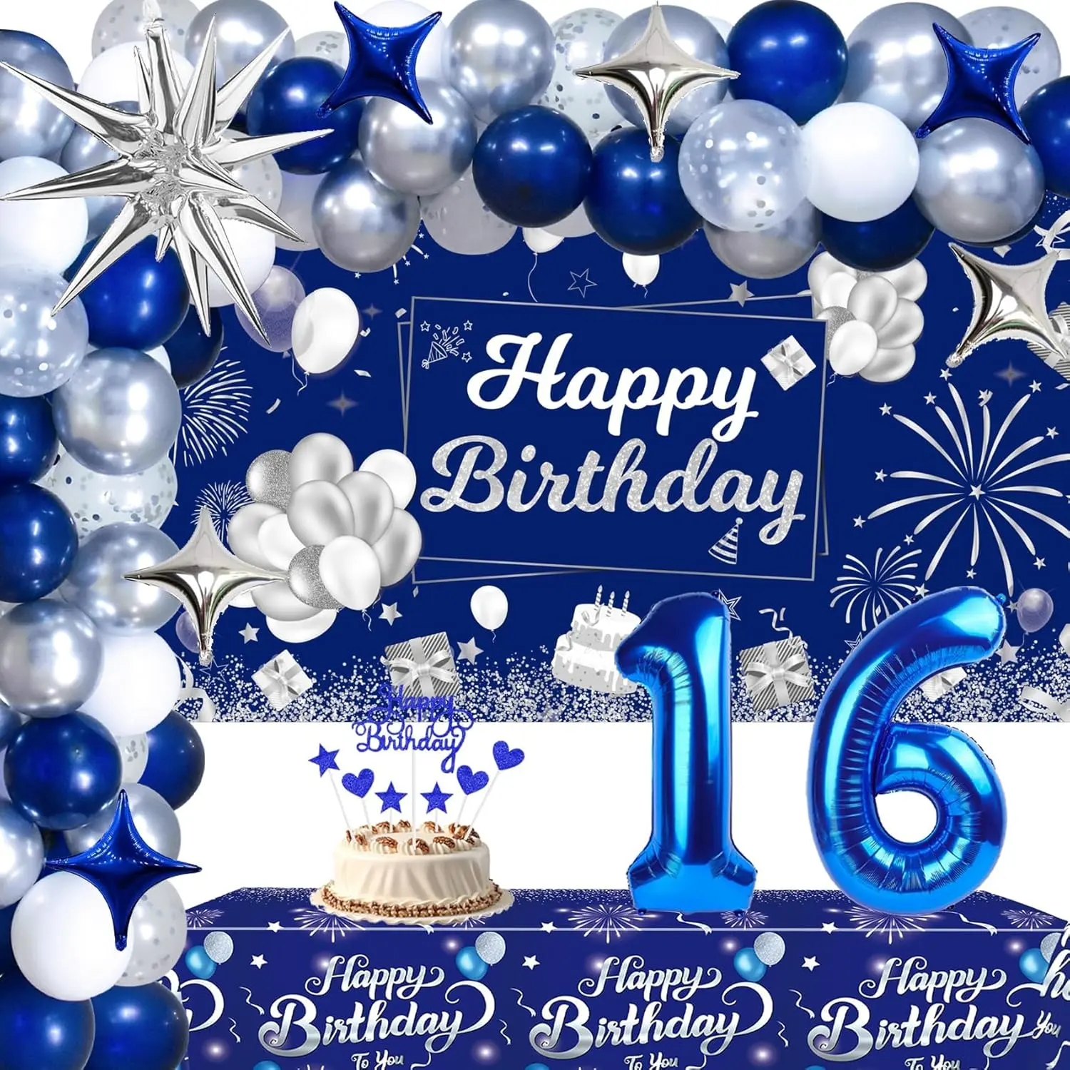 Blue & Silver 16th Birthday Decorations with Balloons, Banner, Tablecloth & Arch Kit