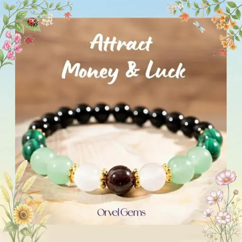 Abundance & Luck Crystal Bracelet – Malachite, White Jade, Garnet, Aventurine & Black Tourmaline | Handmade Gemstone Jewelry for Her | Thoughtful Mother’s Day Gift Daily Wear