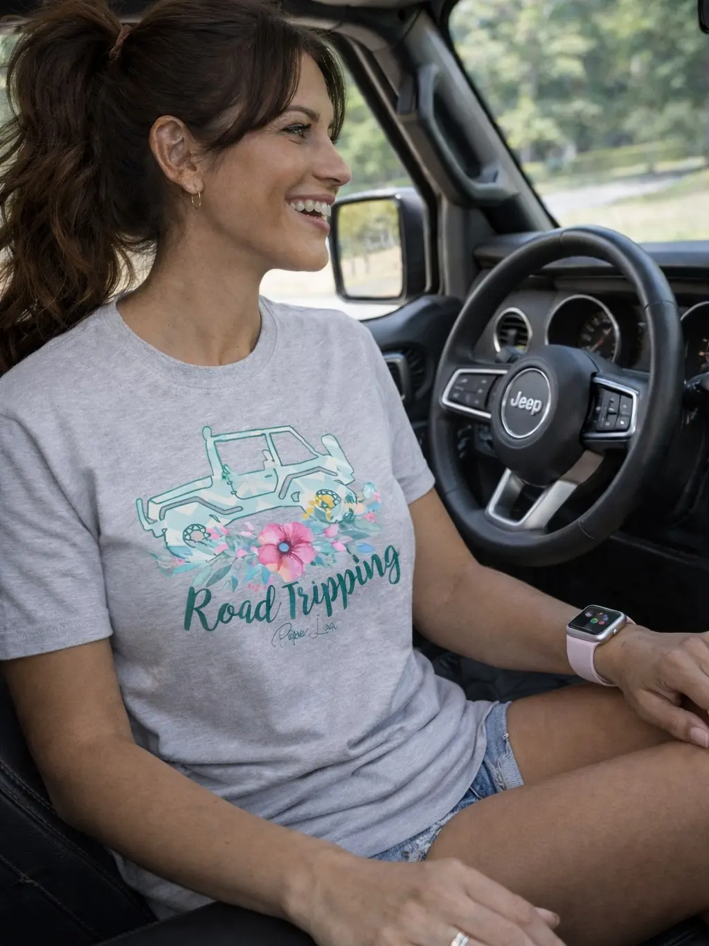 Women's Classic Short-Sleeve Automotive Themed Jeep Road Tripping T-Shirt - Soft Cotton-Polyester Fabric, Automotive Themed Women's T-Shirts, Quarter Turn, Crew Neck, Shortsleeve, Round Neck