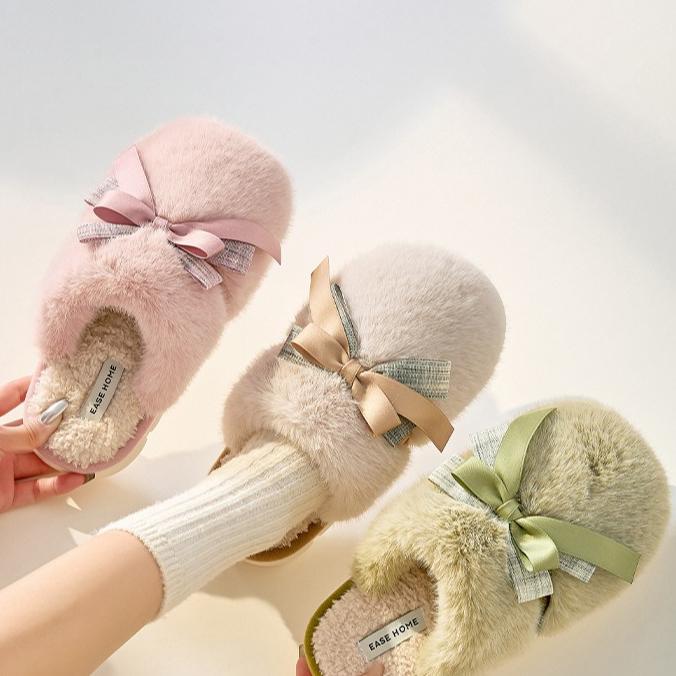 Cute Bow Soft Cotton Slippers for Women, Womens Fuzzy Fluffy Cozy Indoor Outdoor House Slippers Winter Indoor Anti-slip Thick-soled Slippers, Autumn and Winter Home-use Cotton Slippers, Warm and Comfortable Home Floor Slippers