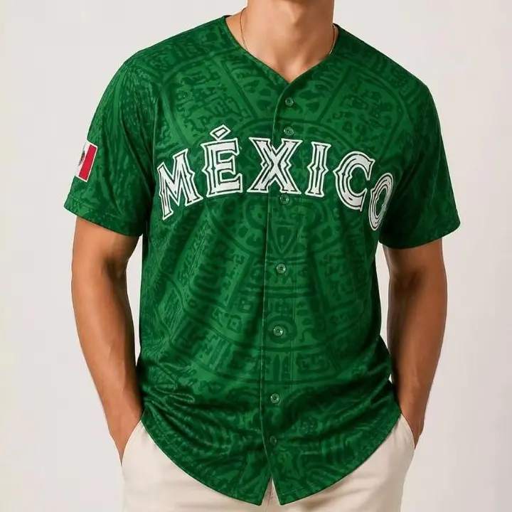 Retro Mexico Aztec Pattern Baseball Jersey, Mexico Button Short Sleeve Sports Jersey For Men and Women, Loose Breathable Soft Comfort V Neck Top, Green - Red - Beige - Dark Gray