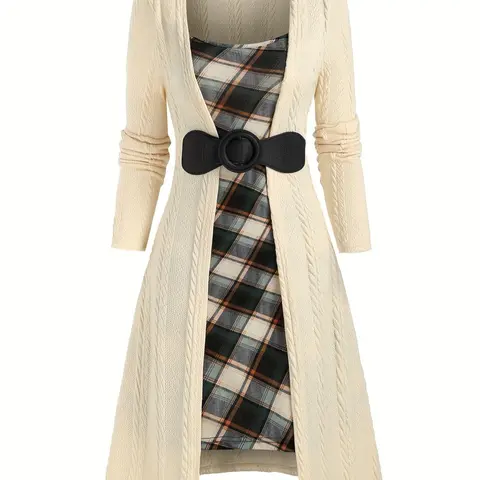 Elegant Women's Plaid Check Knit Long Sleeve Dress, Fall & Winter Fashion, Slim-Fitting Casual Style, Moderate Fabric Thickness, New Arrival, Casual Chic Fitted