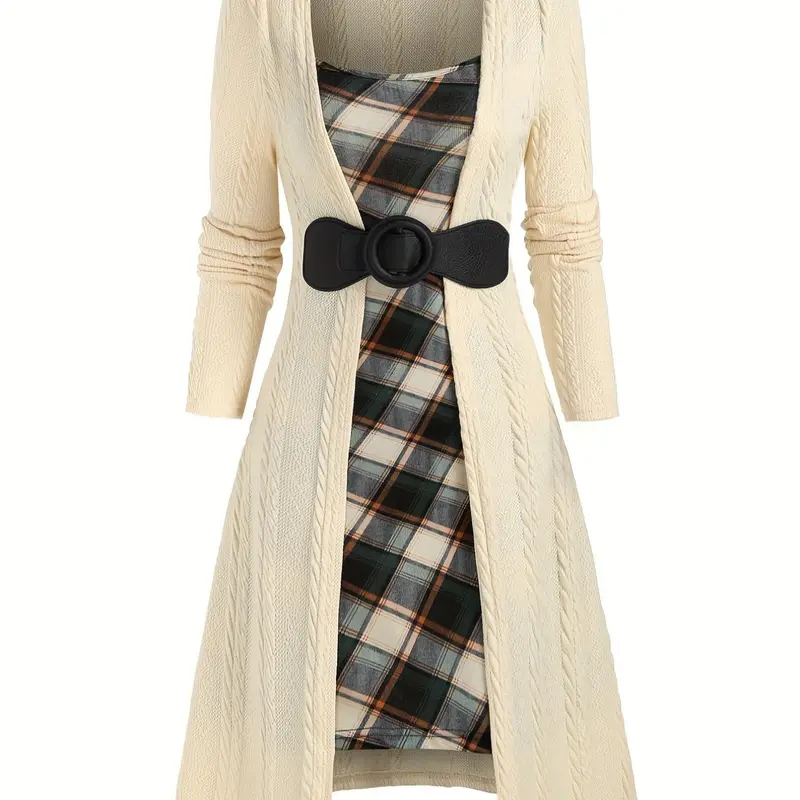 Elegant Women's Plaid Check Knit Long Sleeve Dress, Fall & Winter Fashion, Slim-Fitting Casual Style, Moderate Fabric Thickness, New Arrival, Casual Chic Fitted