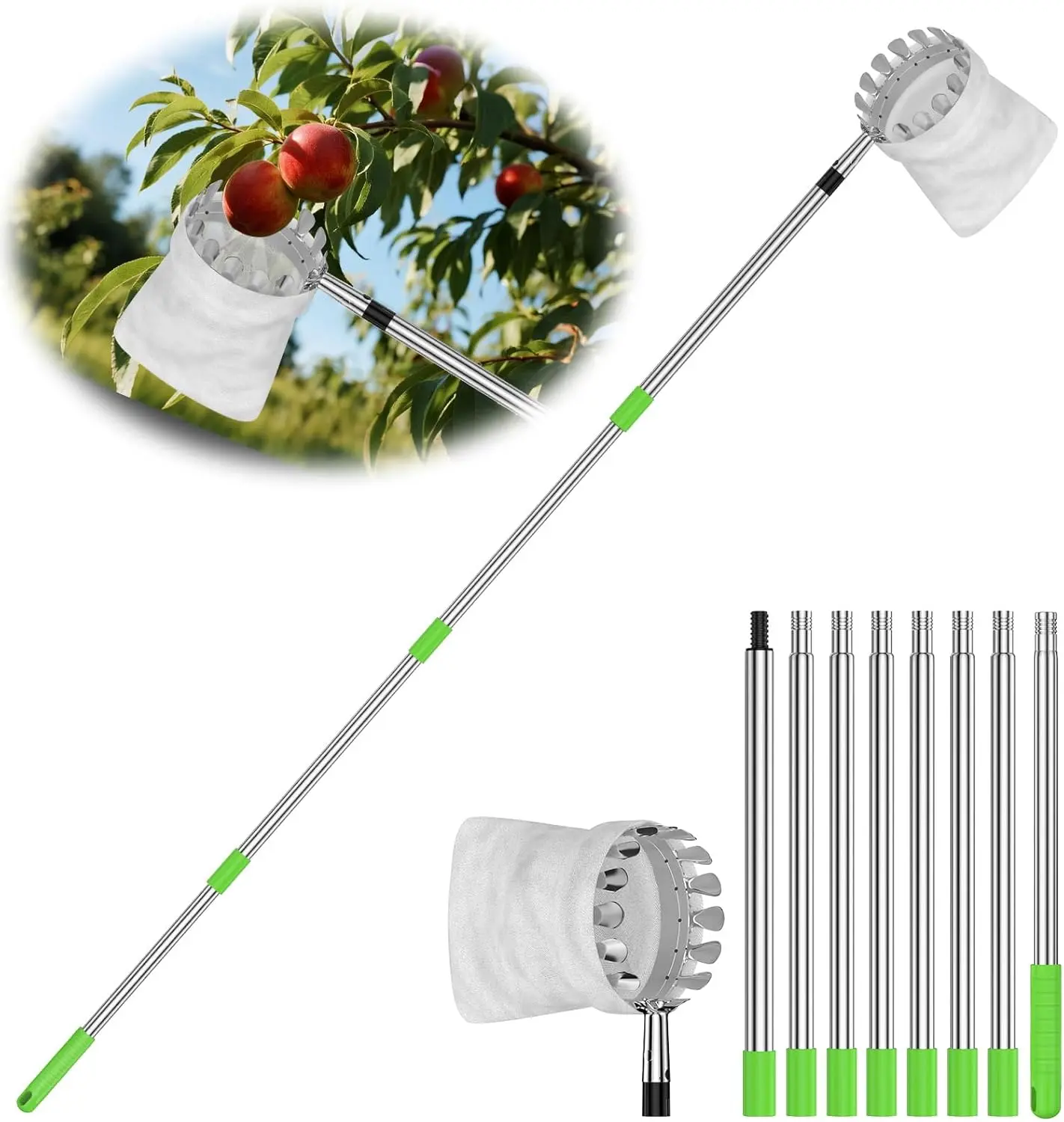 BURMONG 6.6 FT Fruit Picker Tool with Stainless Steel Pole & Soft Cloth Basket – Lightweight Tree Fruit Harvester for Apple, Mango, Orange, Pear, Lemon, Plum & More – Rust-Resistant, Easy Assembly summervibes