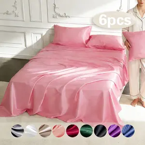 6-piece 100% polyester satin bed sheet set, including (1 fitted sheet + 1 flat sheet + 4 pillowcases), complete bedding set, solid color, machine washable - bedroom essentials, suitable for single, double, king, and queen size beds.