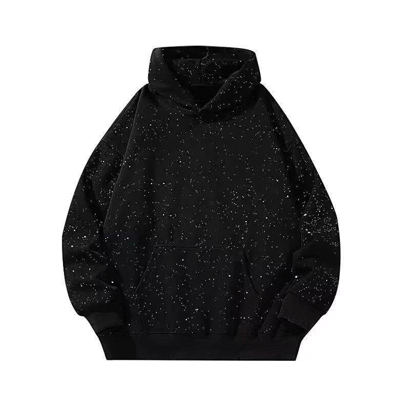 Black Speckled Oversized Hoodie, Y2K Starry Sky Splatter Print Pullover, Casual Streetwear Sweatshirt with Kangaroo Pocket, Comfy Loose Fit Hooded Top for Men Women