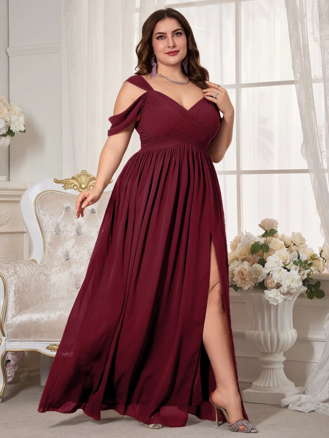 Elegant Chic V Neck Backless Ruched Waist Chiffon Maxi Dress, Womenswear,  High Slit Bridesmaid Gown, Pure Color Flowy A-Line, Perfect for Weddings -  TikTok Shop