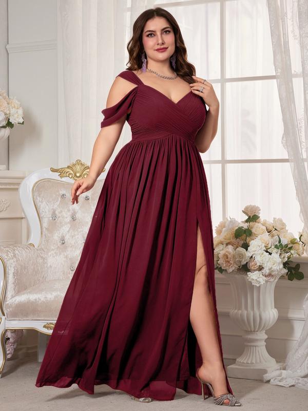 Elegant V Neck Backless Ruched Waist Chiffon Dress, High Slit Bridesmaid Gown, Pure Color Flowy A-Line, Perfect for Weddings
