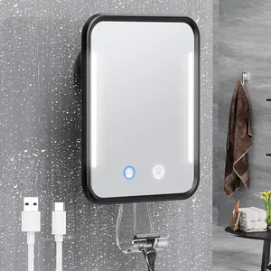 Heated Shower Mirror Fogless for Shaving with Light, Rechargeable  and Adjustable Brightness, Suction Cup and Razor Holder, Removable & NO-Drilling,  for Bathroom (Black)