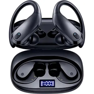 Noise Canceling Headphones Bluetooth Headphones Wireless Earbuds Over Ear Buds 90H Playback IPX7 Waterproof Sports Earphones Deep Bass with Wireless Charging Case Dual LED Power Display Earhooks Headset for Running Black
