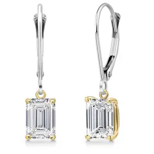 Gem Stone King 2-Tone Leverback Dangle Earrings for Women | 7X5MM Emerald Cut Gemstone Birthstone | 925 Silver and 10K Yellow Gold | Fine Jewelry Gifts for Mom Her Wife
