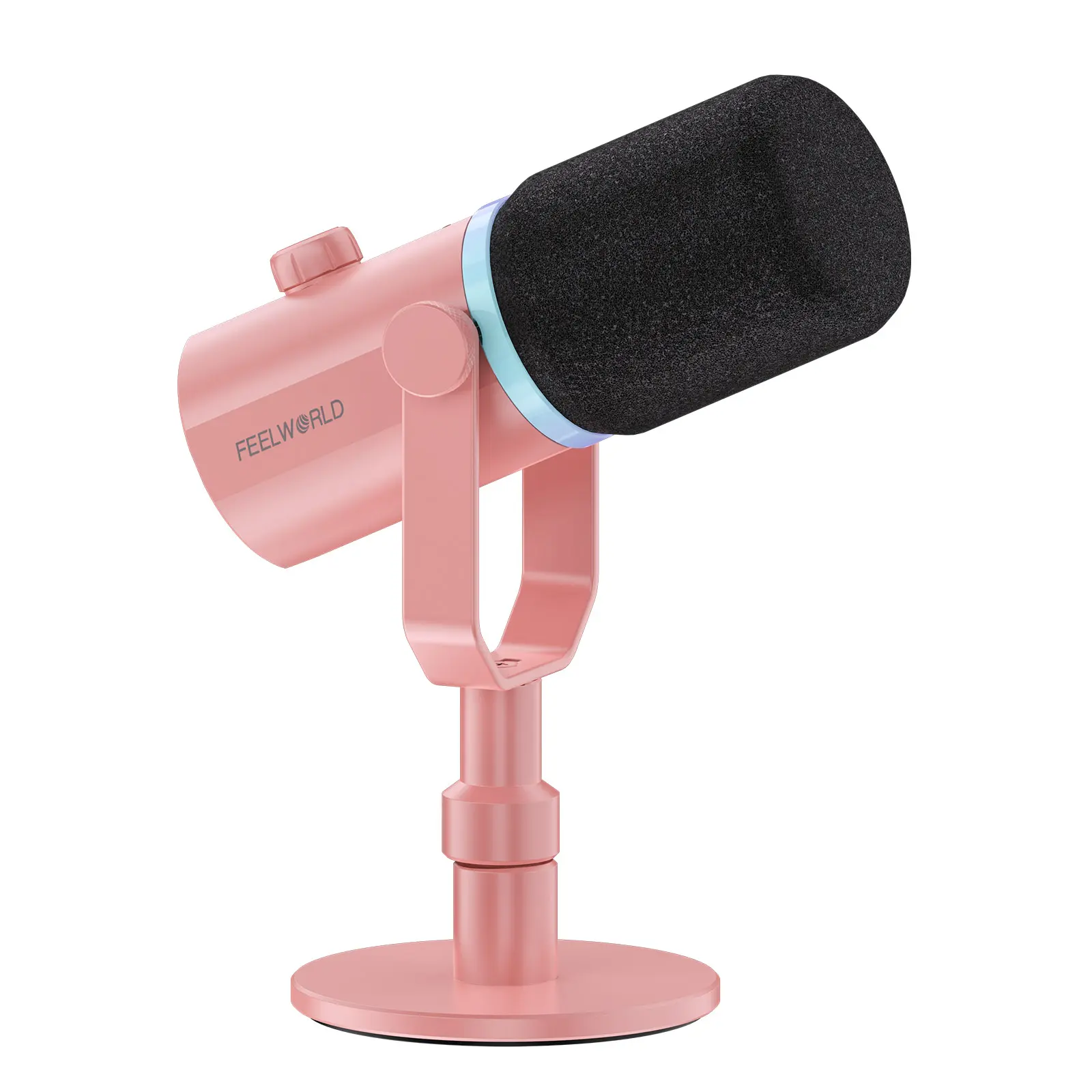 FEELWORLD PM1 XLR USB Dynamic Microphone with Desktop Stand for Podcast Recording PC Computer Gaming Live Streaming Vocal Voice-Over, Studio Metal Mic, RGB Light, Mute Button, Headphones Jack (Pink)