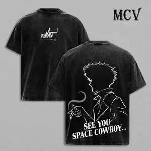 Cowboy Bebop Anime Acid Washed Tee, Space Cowboy Retro Graphic T-Shirt, Vintage Oversized Drop Shoulder Cotton Fashion 90s Anime Classic American Casual Short Sleeve Tee | Premium Soft Cotton Unisex Animecore Streetwear for Daily Gym Otaku Lover Gift
