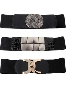 3 Pcs Unisex Adjustable Cinch Belt Set for Women Men Soft Flexible Stretch Straps Chic Interlocking Square Buckles Smooth Faux Leather Exquisite Crocodile Embossed Surface Humanized Free Size Adjustment Design Diverse Waist Sizes Wide Elastic Structure