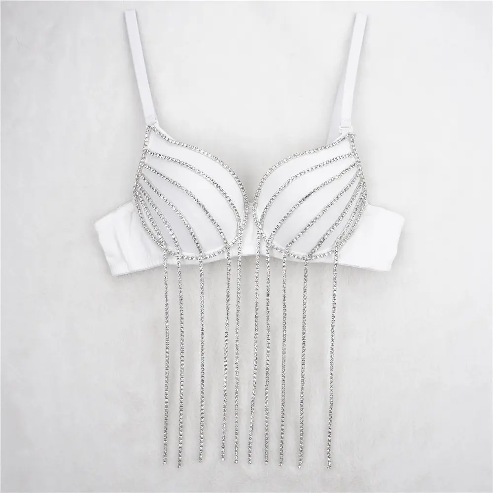 Women's Fitted Short Handmade Rhinestone Long Tassel Glisten Corset Halter Tube Top - Lady's Minimalist Preppy Biker Shaper Crop Tank for Spring Summer Wedding Party, Sexy Going-Out Outfits