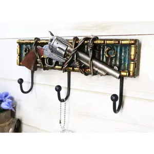 Western Revolver Pistol Barbed Wires Bullet Shells 3-Peg Wall Hooks Plaque