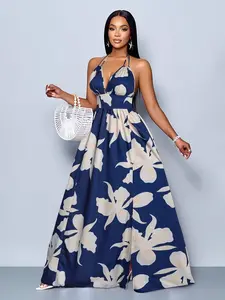 Women Casual Holiday Deep V Neck Backless Ruched Split Thigh Maxi Dress With Botanical Print
