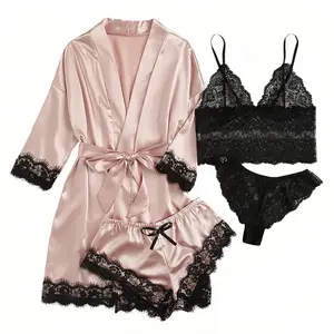 Women's Nightwear Set - Lace Halter Top Nightwear for Women Summer Set with Robe and Nightgown Womenswear Pajama Loungewear Homewear Pjs