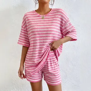 2 Piece Striped Lounge Set for Women Soft Knit Oversized T-Shirt & Shorts Flattering Loose Fit Comfy Breathable Home Wear for Daily Errands Vacation