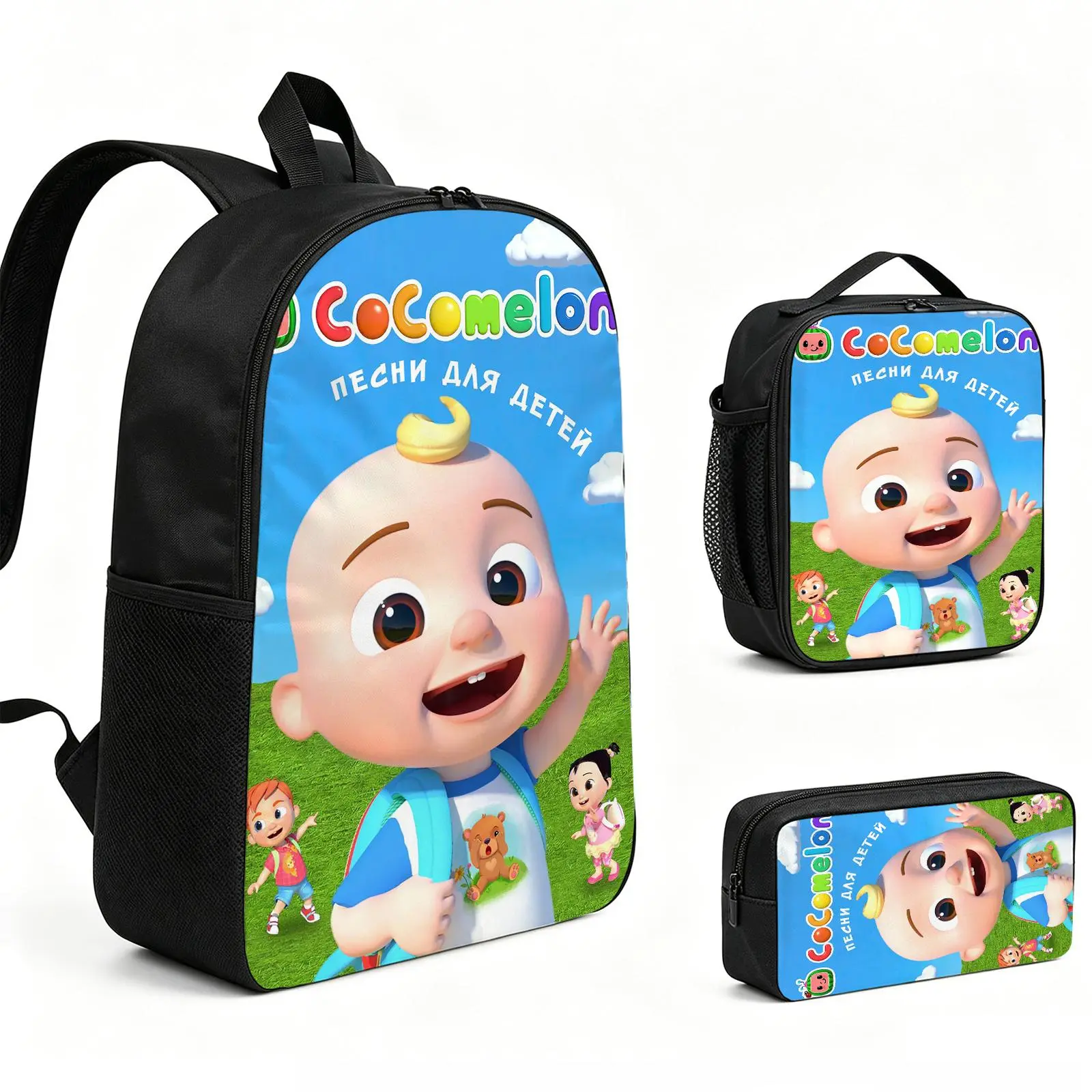 Cocomelon  Backpack 3pcs Set with Vibrant Print, Durable School Bookbag with Insulated Lunch Tote and Pencil Bag for Teens Boys Girls, Multi-Functional Laptop Travel Daypack Gift for Kids L-21
