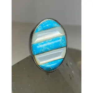 Turquoise ring mother of pearl cobblestone southwest  sterling silver women men