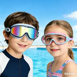 Anti-Fog Waterproof Kids Swim Goggles, Wide Frame HD Clear Soft Silicone Swimming Glasses with Integrated Earplugs for Boys Girls, Swimming Training, Pool, Beach & Water Sports