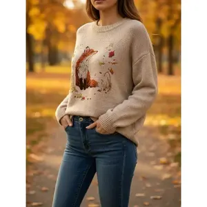 Women's Fox & Leaf Print Drop Shoulder Sweater, Casual Long Sleeve Round Neck Jumper for Fall & Winter, Fashion Ladies' Knitwear for Daily Wear, Tops