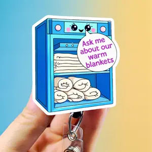 Ask Me About Warm Blankets Badge Reel , Xray Girl Creations, Funny Nurse Badge Clip, Xray Tech ID Holder, Cute Badge reel for Radiology, Nurses, CNAs. Retractable swivel clip with a 360 rotation.  Badge pull