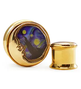 Gold PVD Starry Night Crescent Moon Stainless Steel Plugs
