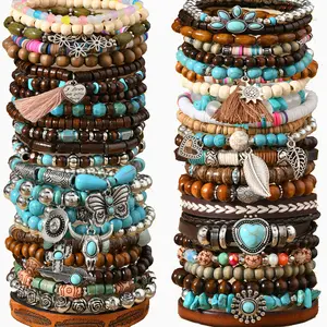 48pcs Mixed Vintage Wooden Beads & Turquoise Stone Bracelet Bulk, Including Butterfly, Heart, Leaves, Hat, Daisies, Cow Head Pendant For Men, Fashionable Retro Style Stackable Wristbands For Daily Wear And Travel Gift