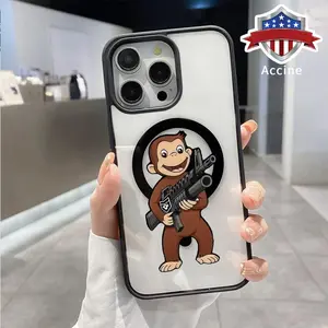 Machine Gun Monkey Pattern Magnetic Phone Case for iPhone 16 15 14 Pro Max 13 12 11 XR E XS Plus Anti-Yellowing Shockproof Lightweight Transparent Acrylic Soft Cover Supports Wireless Charging.