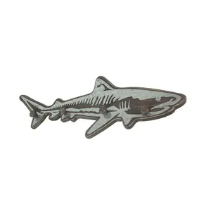 33in Rustic Wood Shark Wall Hook Rack w/ Metal Accents - Coastal Key & Coat Hanger Decor