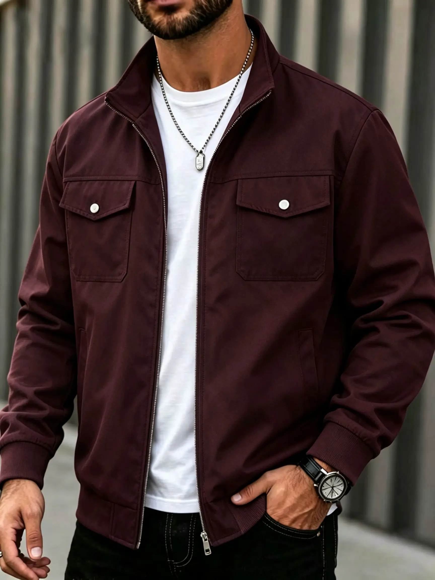 Men’s solid burgundy utility jacket, stand collar zip-up work coat with multiple pockets, classic street-style outdoor outer jacket for men