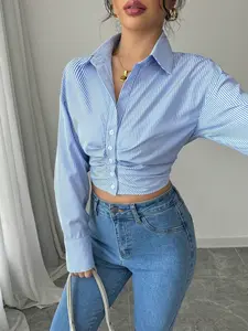 Women's Striped Ruched Loose Long Sleeve Shirt Blouse, Street Casual Date Daily Wear, Fashionable Ladies' Clothing