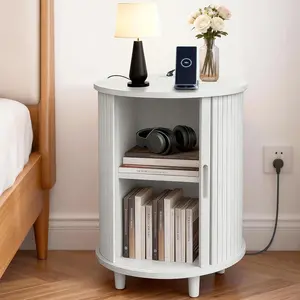 DHH Modern Fluted Round Nightstand with Charging Station & Power Outlets, Circular End Table with Tambour Door & Storage, 2-Tier Bedside Table for Bedroom, Living Room