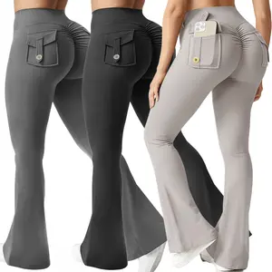 Women's High-Waisted Bell-Bottom Gym Leggings with Pockets - Invisible Elastic Waist, No Front Seams, Winter Warm Solid Color, Machine Washable for Fitness, Yoga