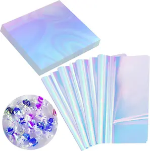 150 Pieces Iridescent Cellophane Sheets Blue Holographic Cellophane Wrap Iridescent Paper for Candy Gift Wraps DIY Crafts Art Lights Window Decoration (9 x 9 Inch)