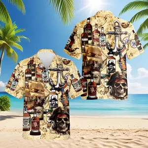 Pirate Rum Hawaiian Shirt Men Women Vintage Map Skull Anchor Print Beach Casual Button Up Summer Spring Festival Vacation Streetwear Loose Fit Unisex Tropical Shirt