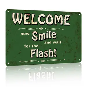 Vintage Welcome Smile Wait For The Flash Metal Sign, 12X8in Aluminum Retro Distressed Green Wall Decor, Funny Tin Metal Sign for Home Photo Booth Studio Entryway Porch Cafe Bar Party Holiday Photography Decoration