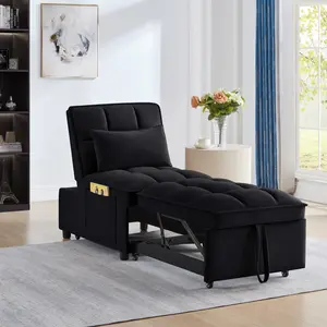 4-in-1 Multi-Function Single Sofa Bed with Storage Pockets, Tufted Pull-Out Sofa Bed with Adjustable Backrest and Pillows, Convertible Chaise Lounge for Living Room, Black, Living Room Furniture for Apartment, Lounge, Family Room