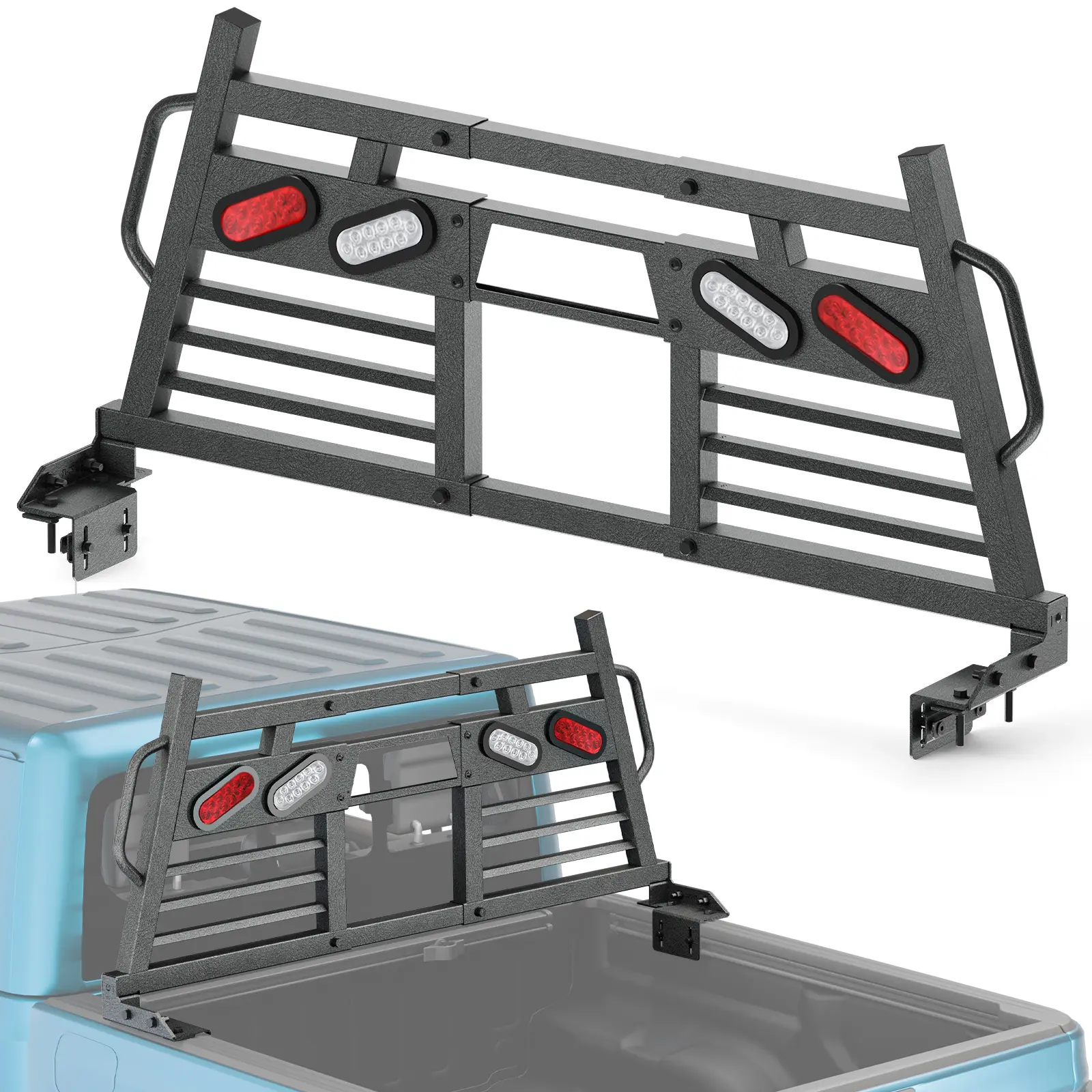 【EYOUHZ】Adjustable Truck Headache Rack with LED Light, 56.1-70.7" W Compatible with Ford Ram Chevrolet GMC Toyota Nissan, High-strength Carbon Steel, Drill-on Install, Built-in Tie-down Hooks