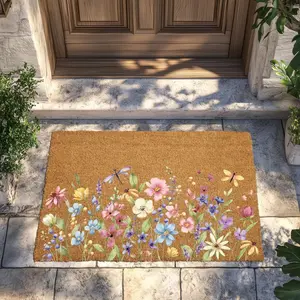 Floral Welcome Doormat, Flower Entryway Mat, Wedding Home Gift, Natural Coir Mat, Flower Outdoor Decor, Front Door Doormat