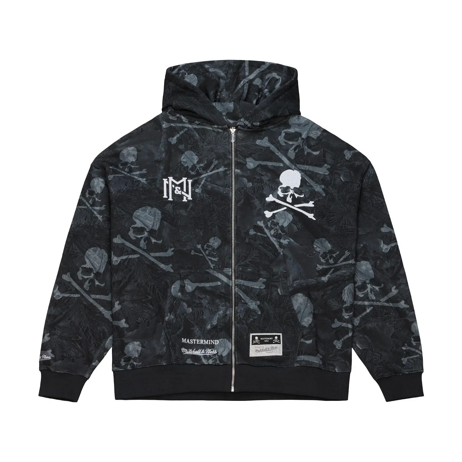 M&N x Mastermind Charcoal Print Full-Zip Hoodie Jacket Throwback Sweatshirt Fleece Vintage Fan Gear Mitchell & Ness