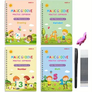 Magic Groove Practice Copybook Set for Preschoolers 4 Large Reusable Writing Notebooks Comfortable Word Copying Groove Includes 4 Books 1 Pen 5 Refills School Supplies Word Practice Note