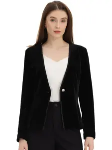 INSPIRE CHIC Blazaer Women's Long Sleeve Office Collarless 1 Button Velvet Blazer