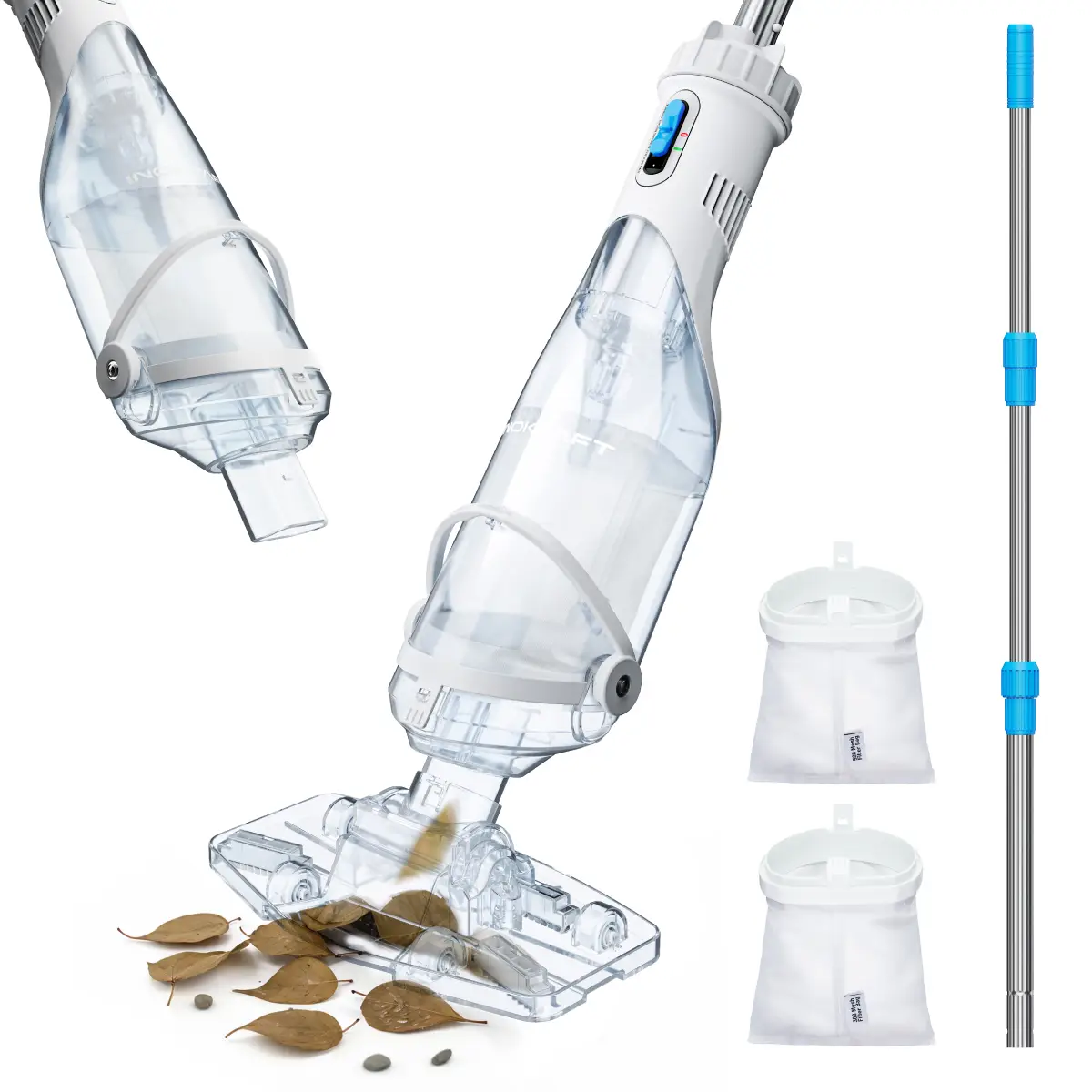 InoKraft Cordless Pool Vacuum Cleaner, Rechargeable, Handheld Pool Vacuum for Above Ground and Inground Pools, Transparent Head, 59” Extendable Pole,