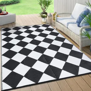 GARVEE 10x14 Outdoor Rug Waterproof Outdoor Plastic Straw Rug for Camping with Carry Bag, Reversible Easy Cleaning Checkered Floor Mat Outside Carpet for RV Patio Backyard Deck Picnic,Black/White
