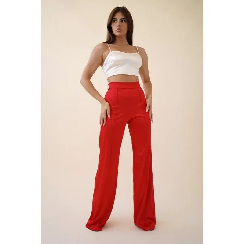Sculpt & Shine Satin High Waist Pant - RED