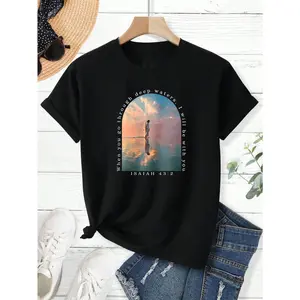 Casual Religious Women's T-Shirt With Isaiah 43:2 Verse And Serene Water Reflection Design Perfect For Everyday Wear And Spiritual Inspiration Ideal Gift For Faithful Friends And Family Members