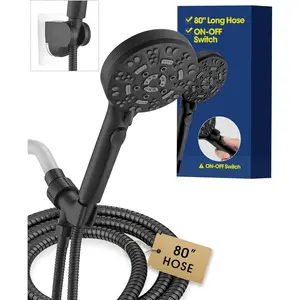 Matte Black High Pressure Handheld Shower Head with On-Off Switch, 8 Spray Settings, Stainless Steel 6.56 ft Hose, Low-Reach Holder - Ideal for Elderly, Disabled